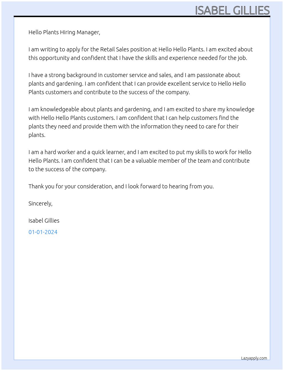Retail Sales At Hello Hello Plants Cover Letter