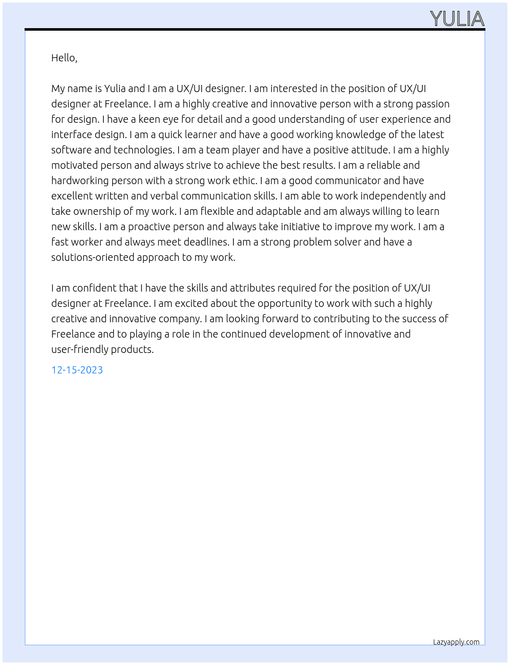 UX/UI designer At Freelance Cover Letter
