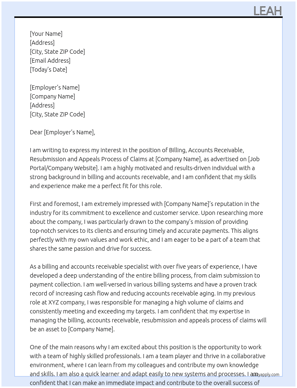 Billing, Accounts Receivable, Resubmission and Appeals Process of Claims At AAA Cover Letter