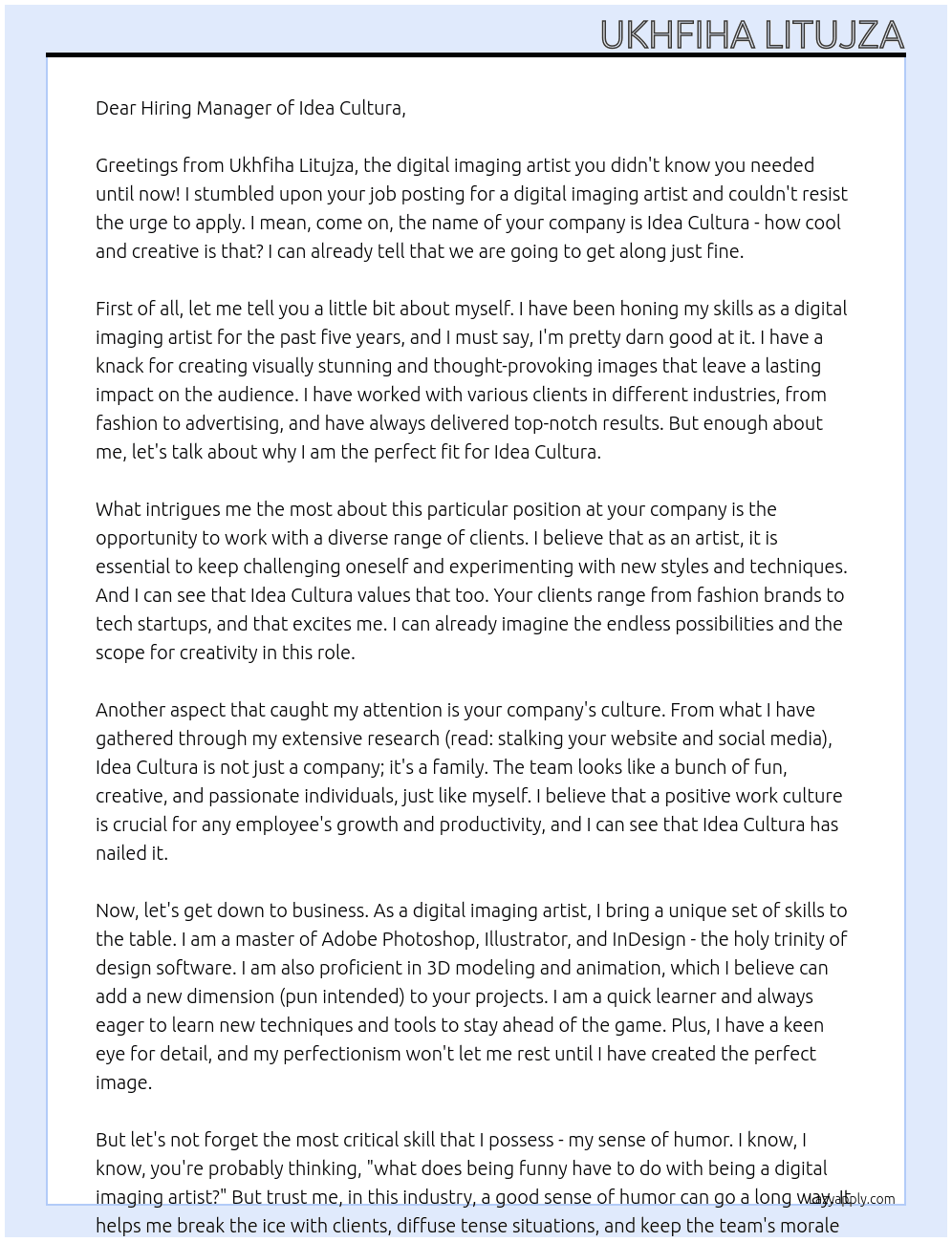 Digital Imaging Artist At Idea Cultura Cover Letter