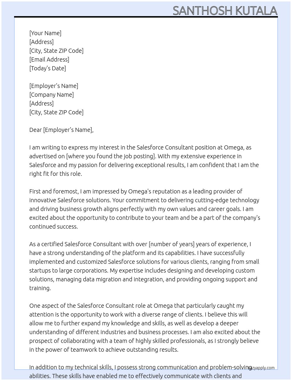 Salesforce Consultant  At Omega Cover Letter