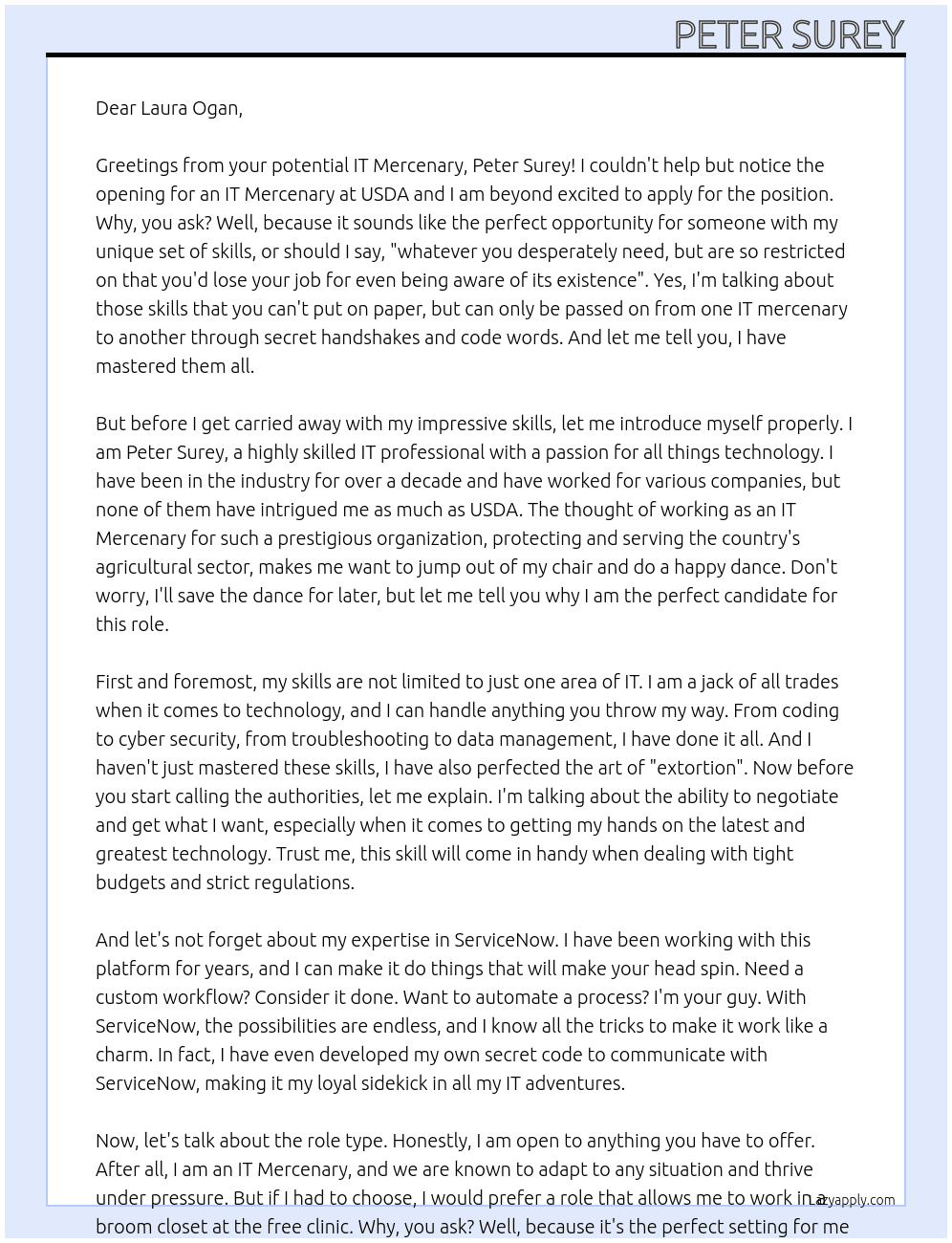 IT Mercenary  At USDA Cover Letter