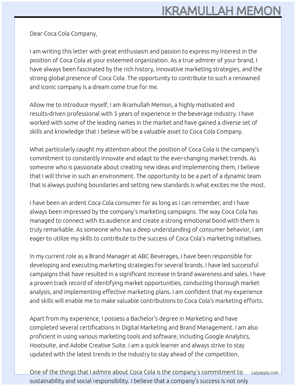Coca Cola At Coca Cola Company Cover Letter