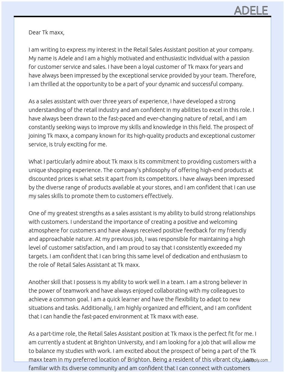 Retail sales assistant  At tk maxx  Cover Letter