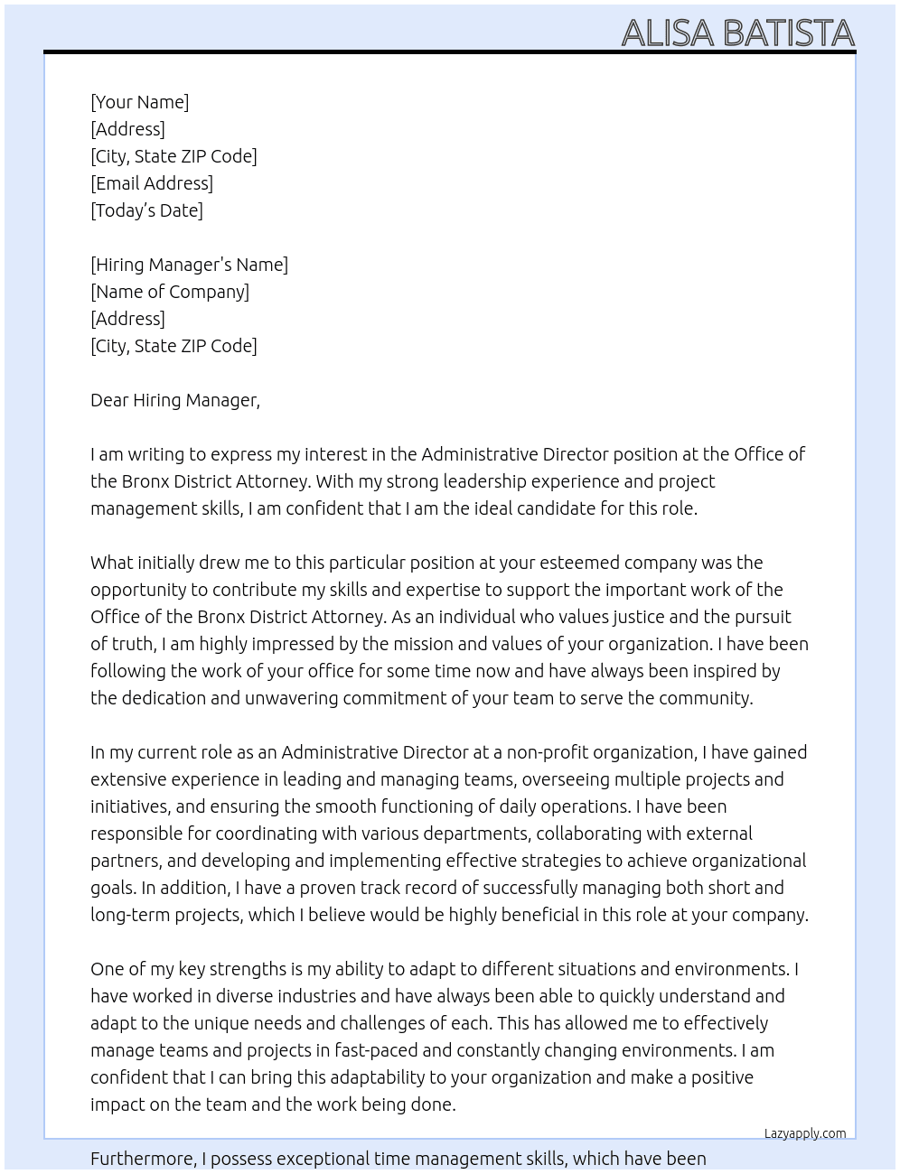 Administrative Director At Office of the Bronx District Attorneyq Cover Letter