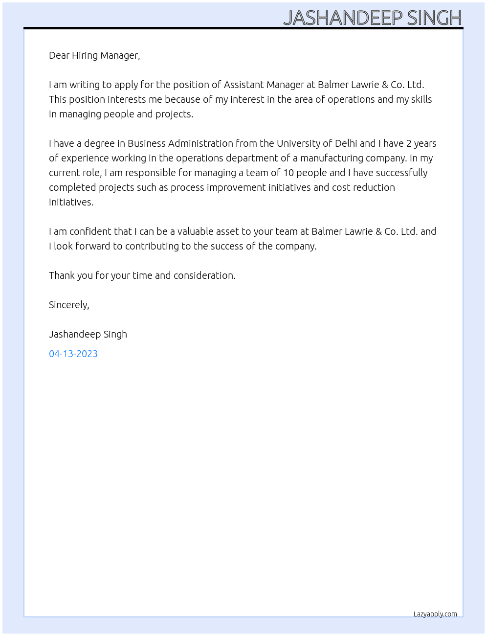 Assistant Manager At Balmer Lawrie & Co.Ltd. Cover Letter