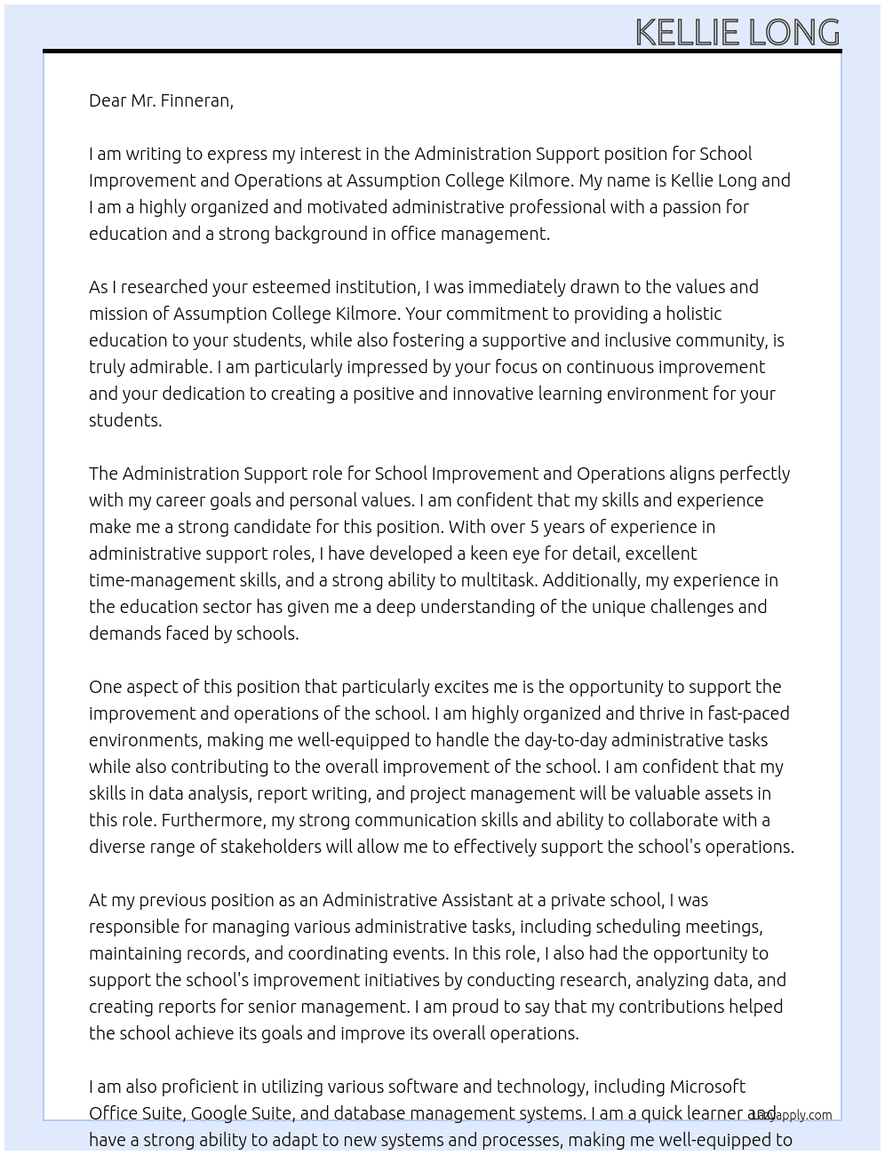 Administration Support - School Improvement and Operations At Assumption College Kilmore Cover Letter