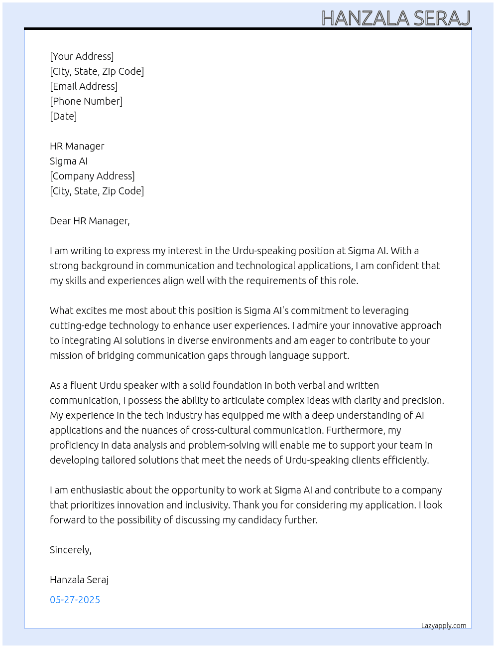 Urdu speaking  At Sigma Ai Cover Letter