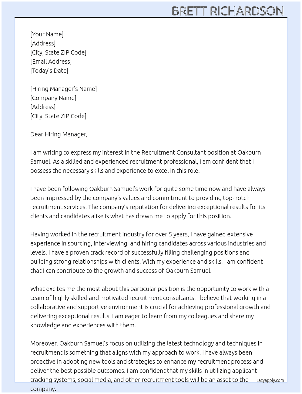 Recruitment Consultant  At Oakburn Samuel  Cover Letter