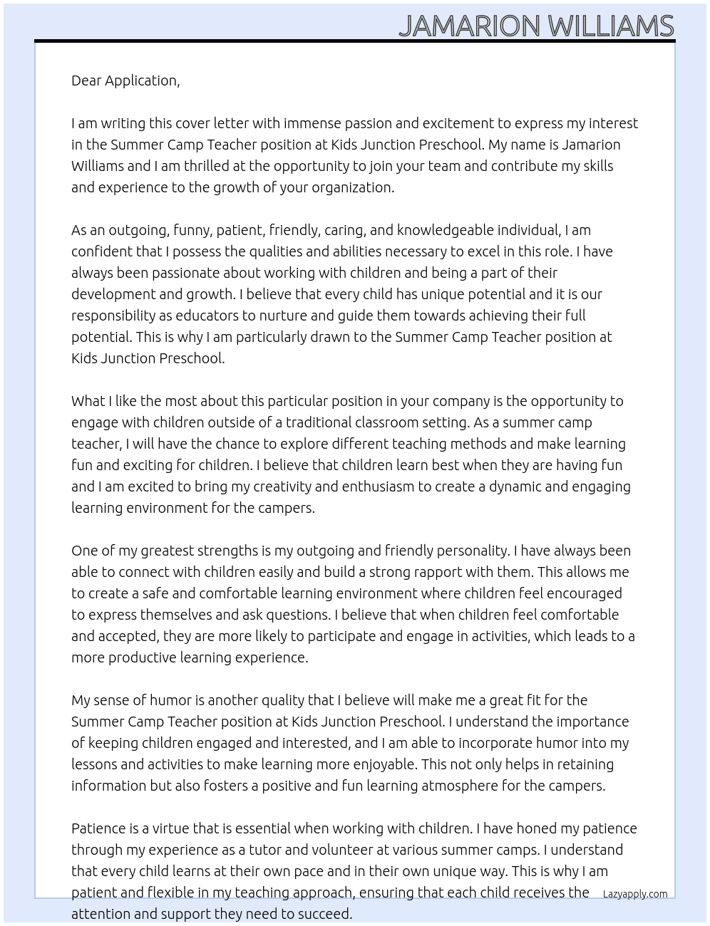 Summer Camp Teacher At Kids Junction Preschool  Cover Letter