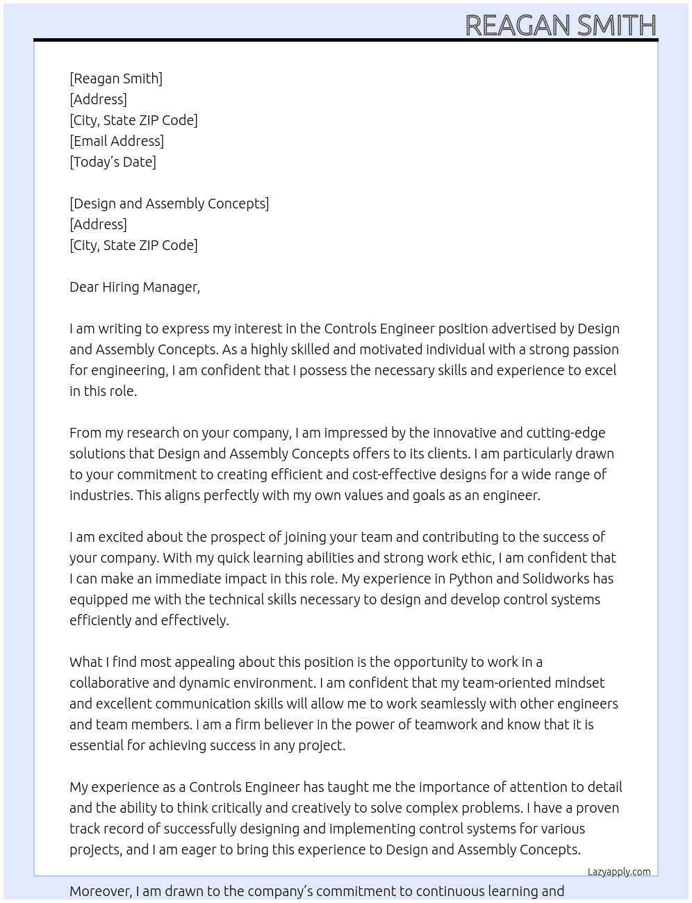 Controls Engineer At Design and Assembly Concepts Cover Letter