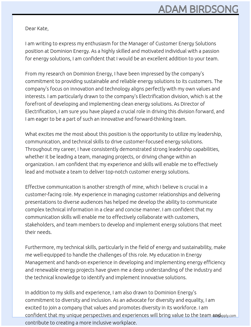 Manager, Customer Energy Solutions At Dominion Energy Cover Letter