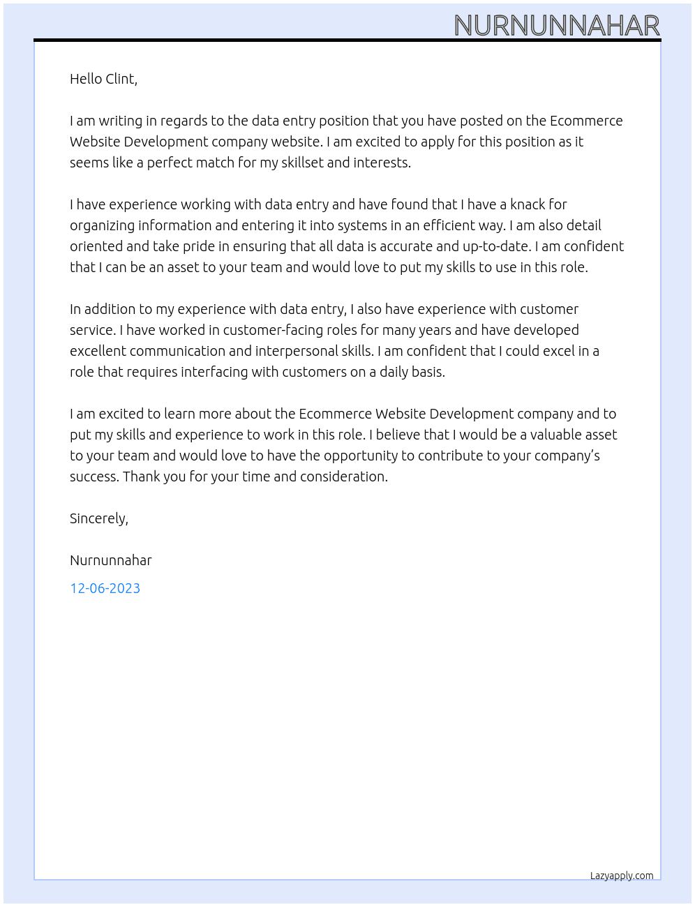 data entry At Ecommerce Website Development Cover Letter