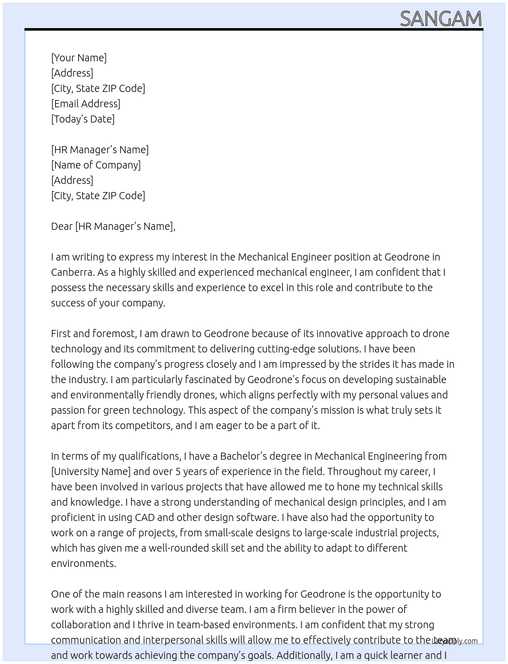 mechanical engineer At geodrone, canberra Cover Letter