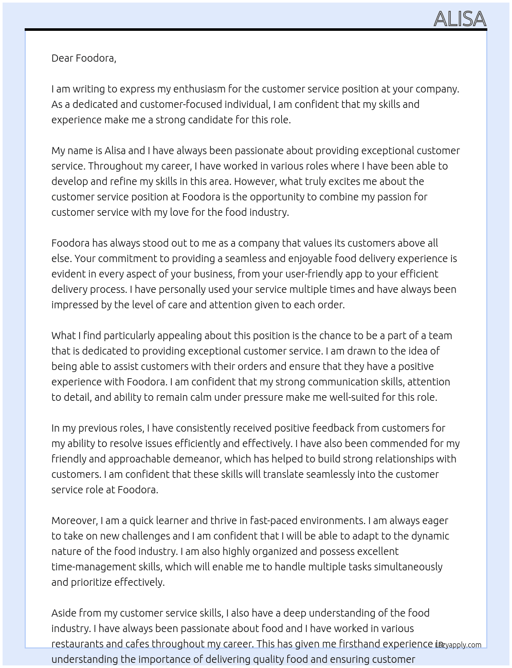 customer service At foodora Cover Letter