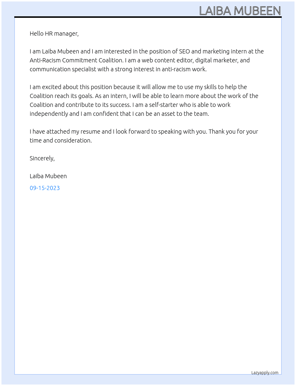 seo and marketing intern At Anti-Racism Commitment Coalition Cover Letter