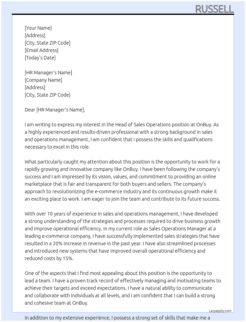 Head of sales operations At OnBuy Cover Letter