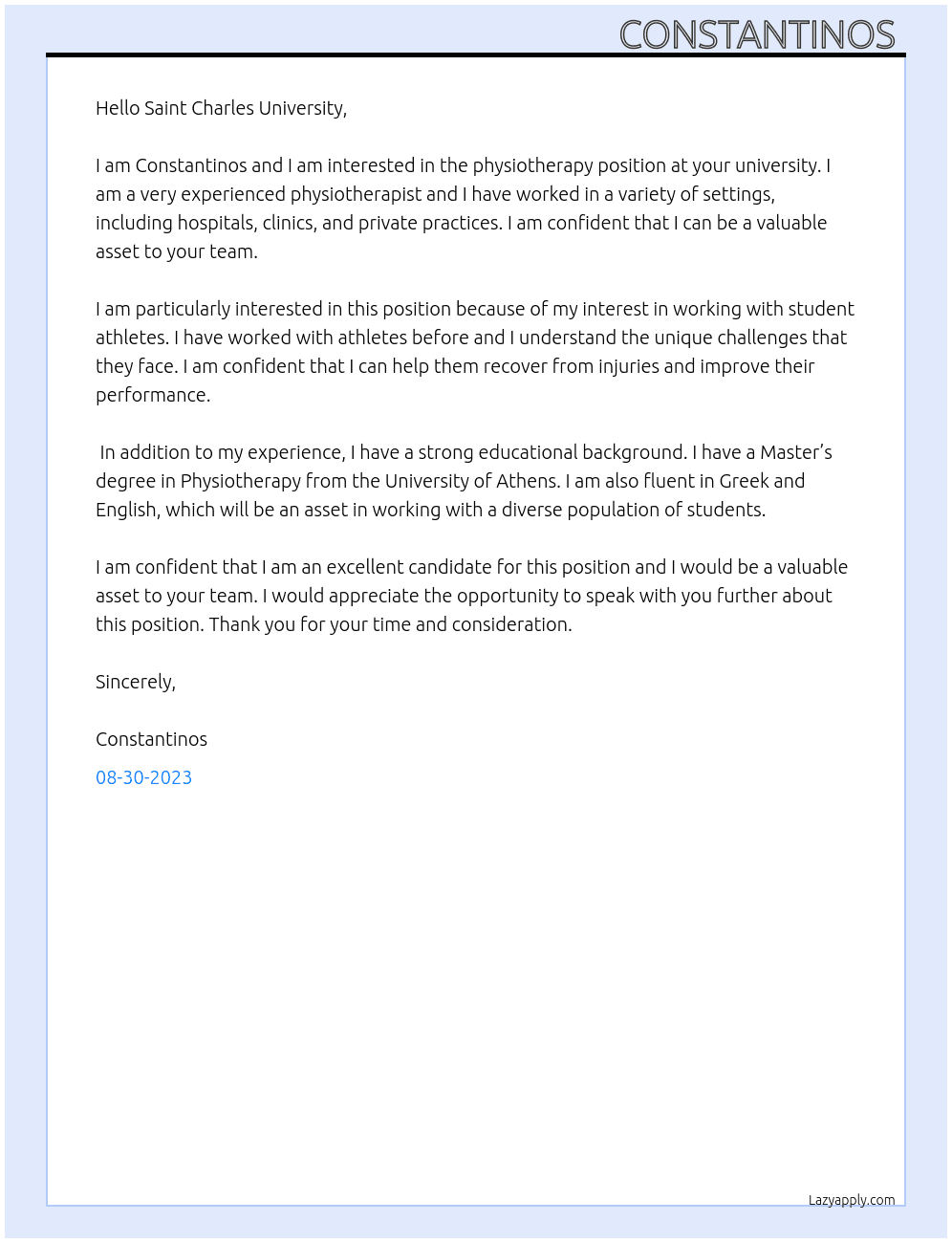 Physiotherapy At Saint Charles university Cover Letter
