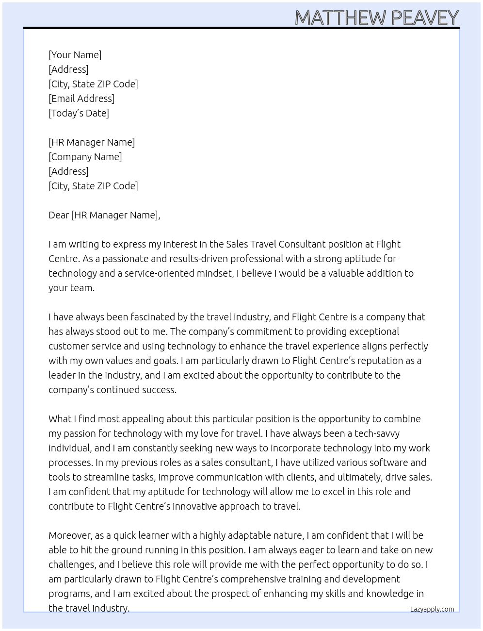Sales Travel Consultant At Flight Centre Cover Letter