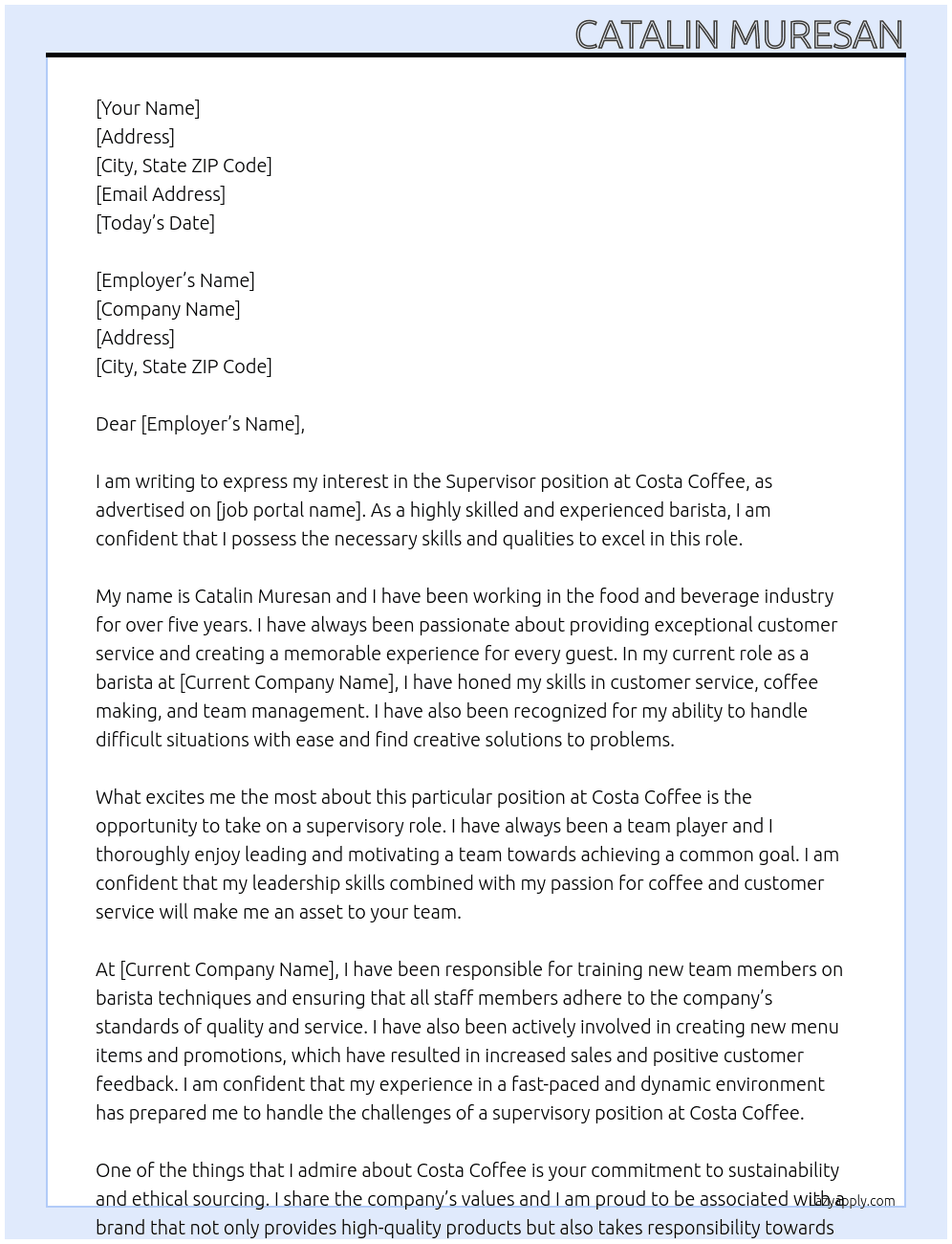 Supervisor  At Barista Cover Letter