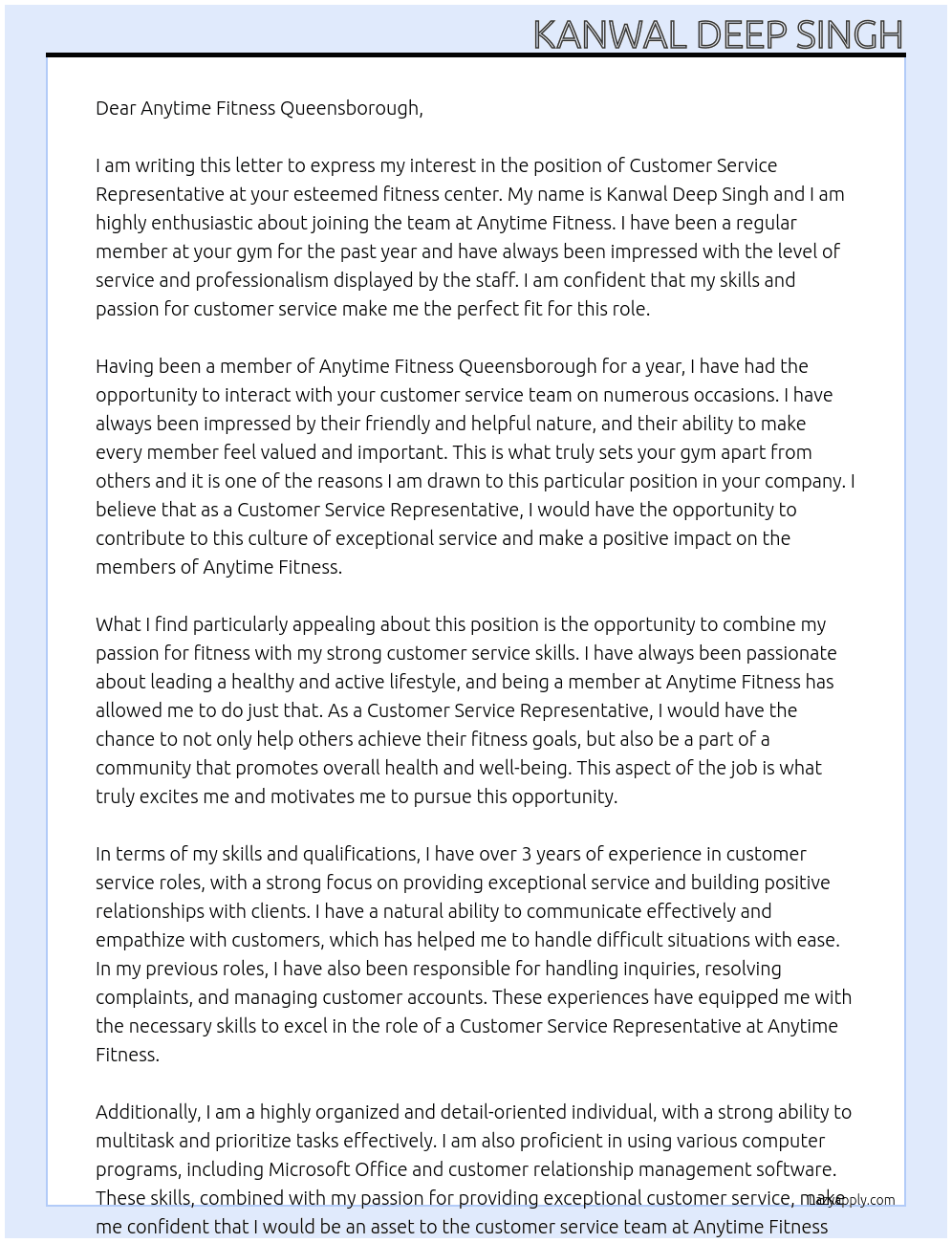 Customer service representative At Anytime fitness Cover Letter
