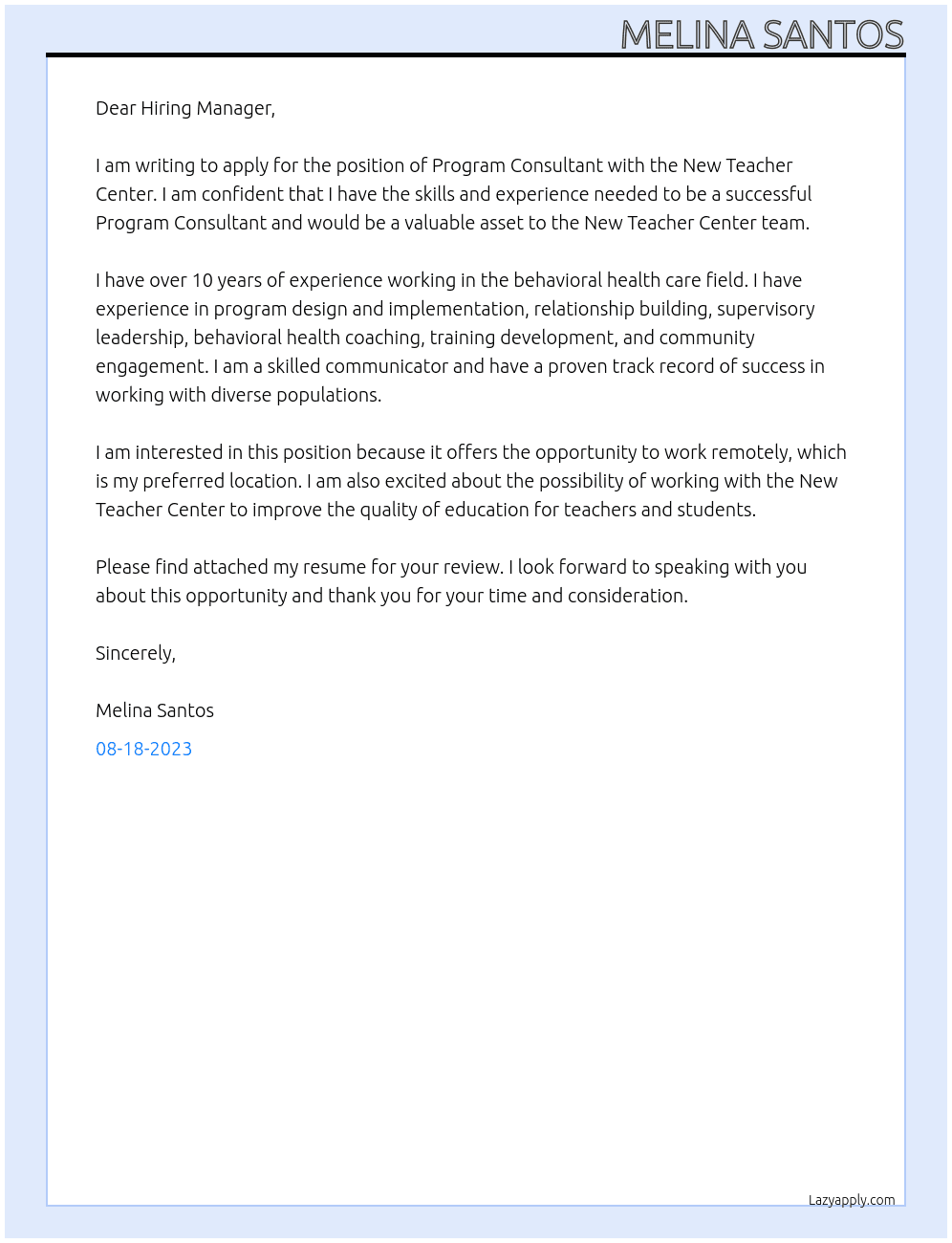 Program Consultant At New Teacher Center Cover Letter