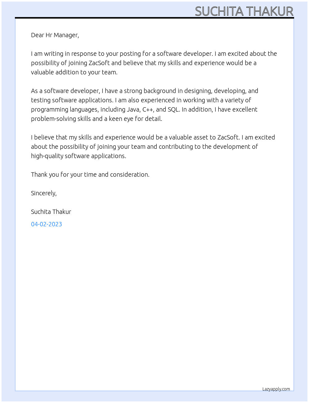 Software developer At ZacSoft Cover Letter