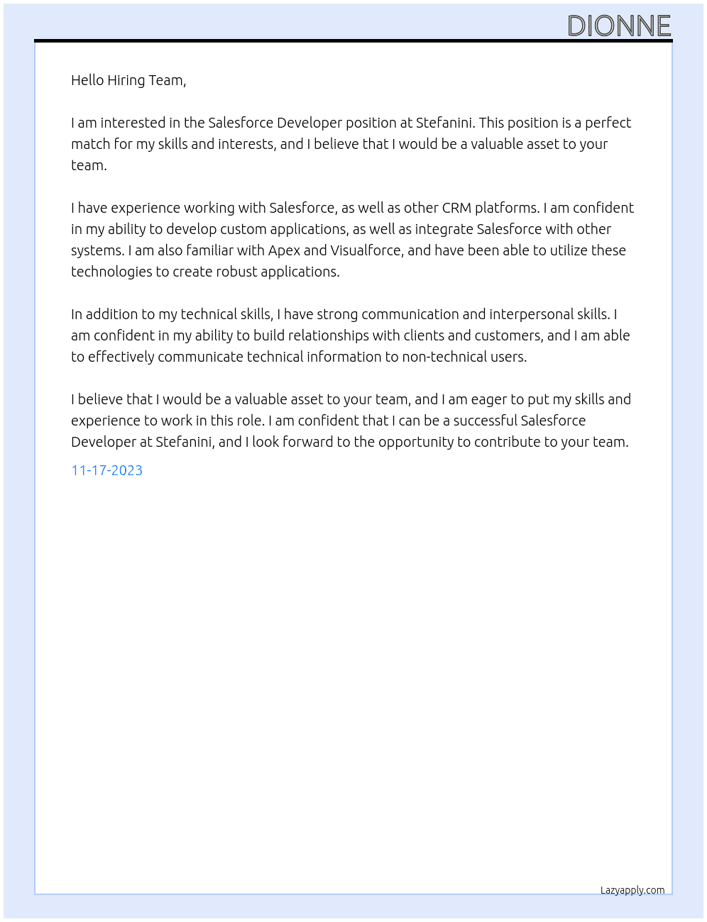 Salesforce Developer At Stefanini Cover Letter
