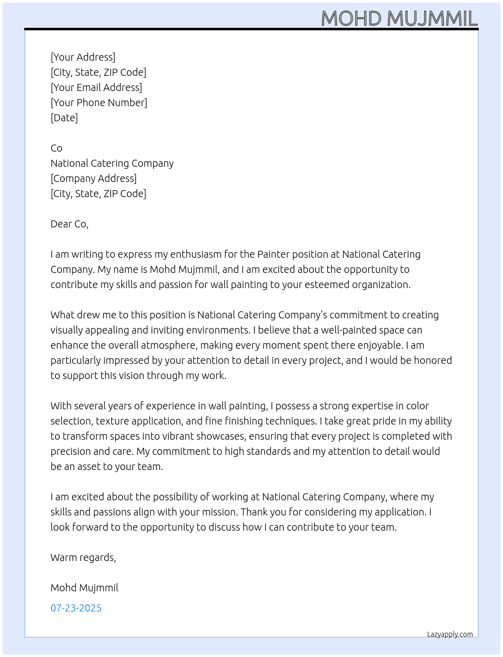Painter At National Catering Company, Cover Letter