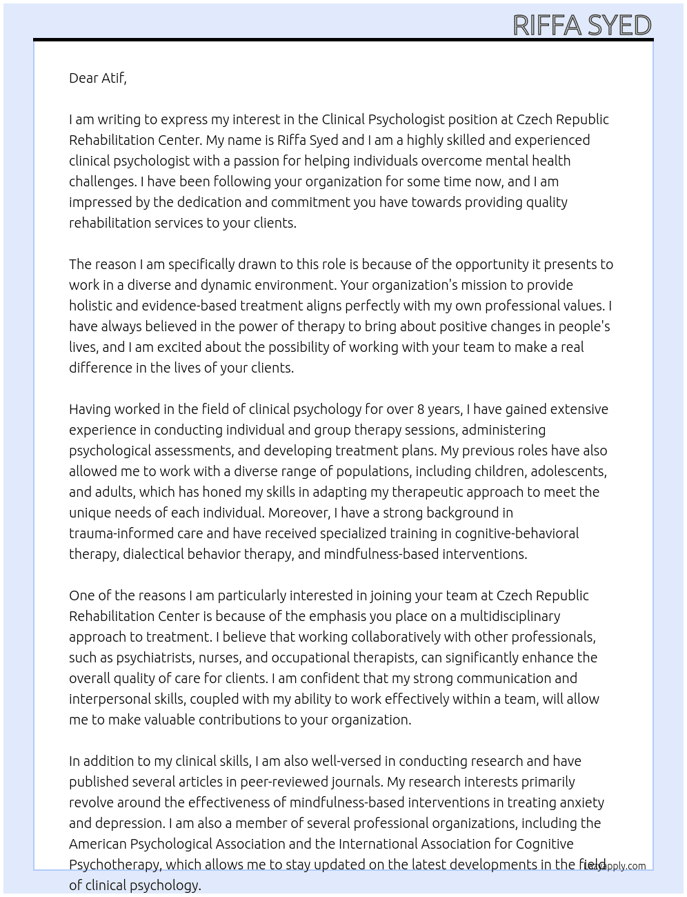 clinical psychologist At Czech Republic Rehabilation center Cover Letter