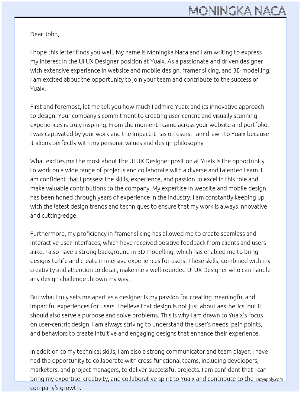 UI UX Designer At Yuaix Cover Letter