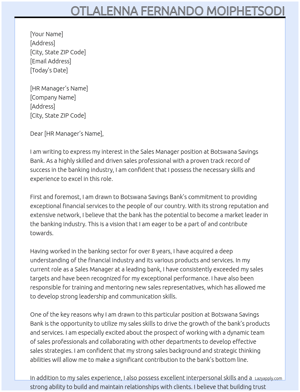 Sales Manager At Botswana Savings Bank Cover Letter