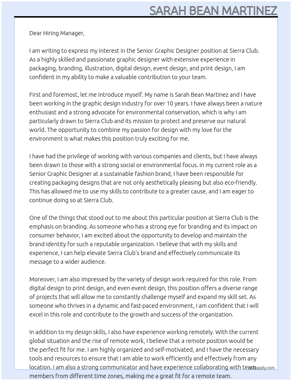Senior Graphic Designer At Sierra Club Cover Letter