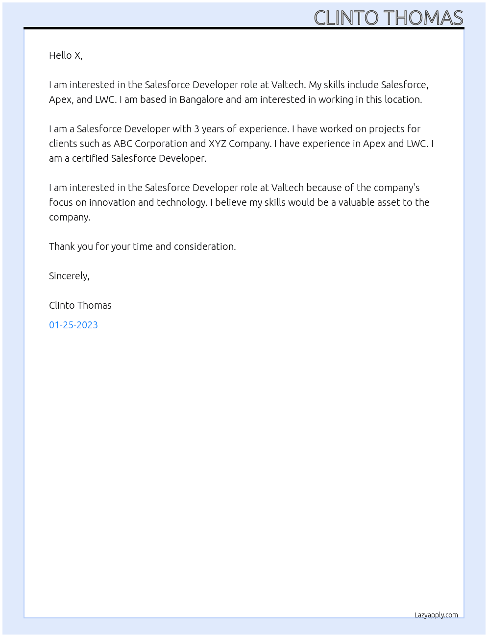 Salesforce Developer At Valtech Cover Letter