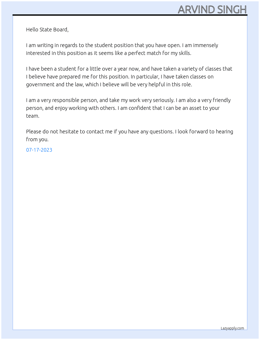 student At state board  Cover Letter