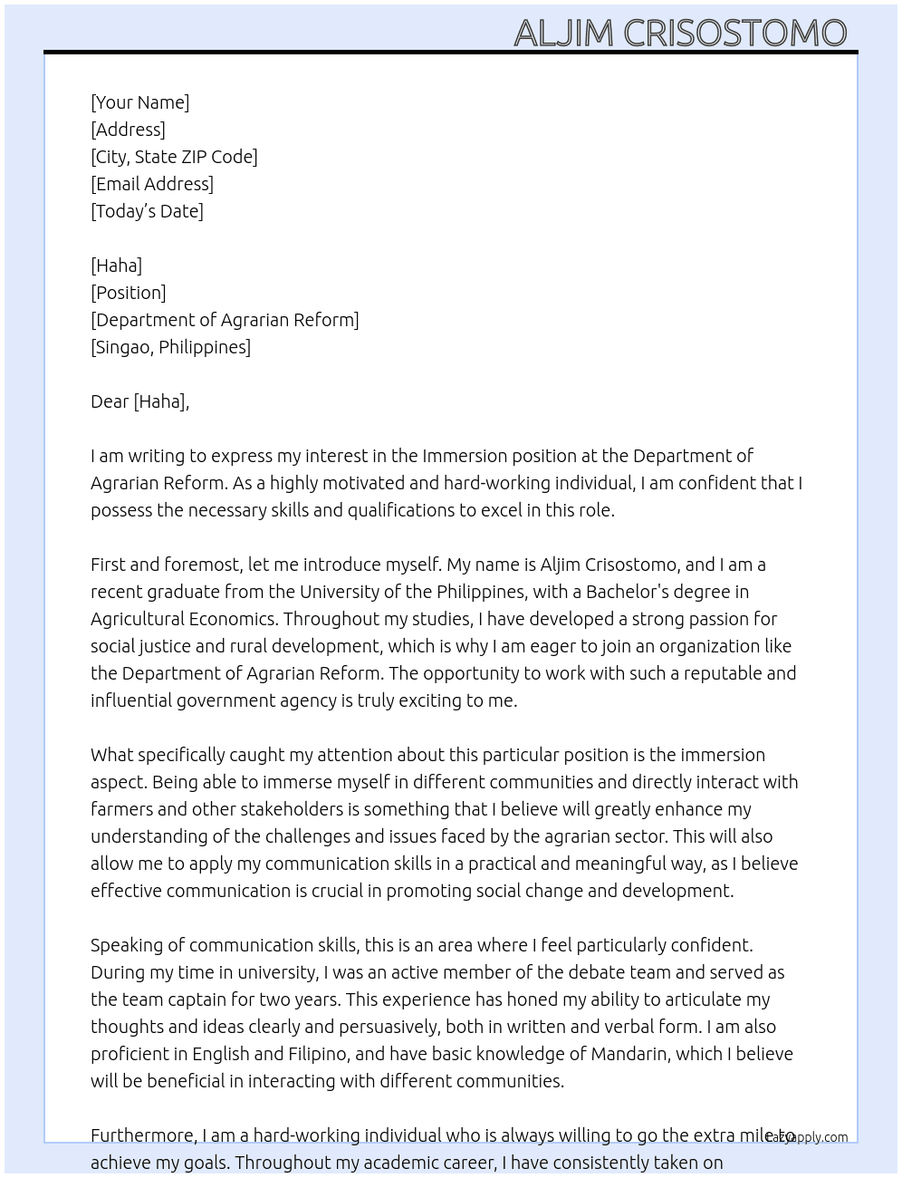 Immersion  At Department of Agrarian Reform  Cover Letter