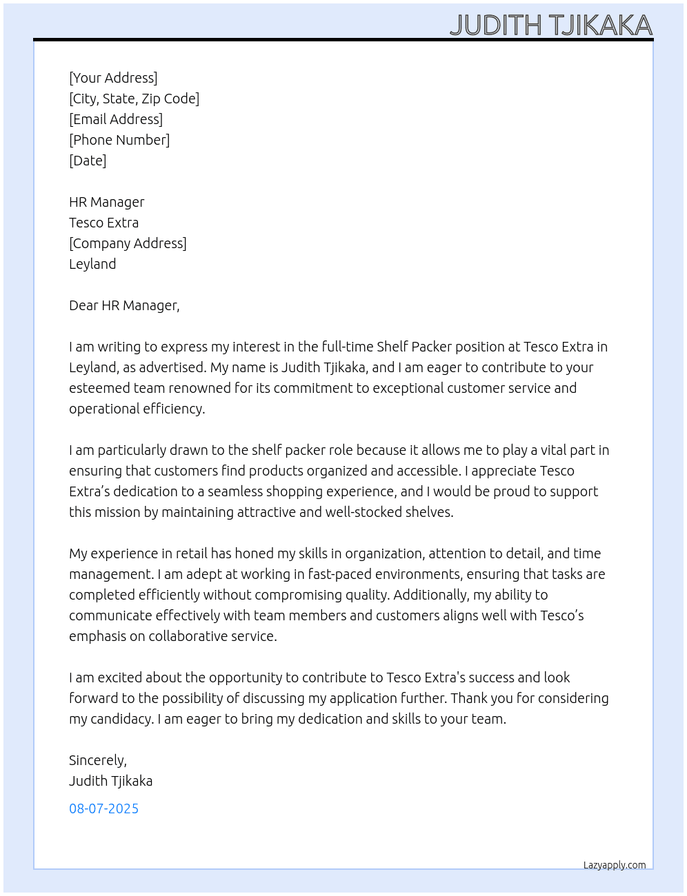 shelf packer At Tesco Extra Cover Letter