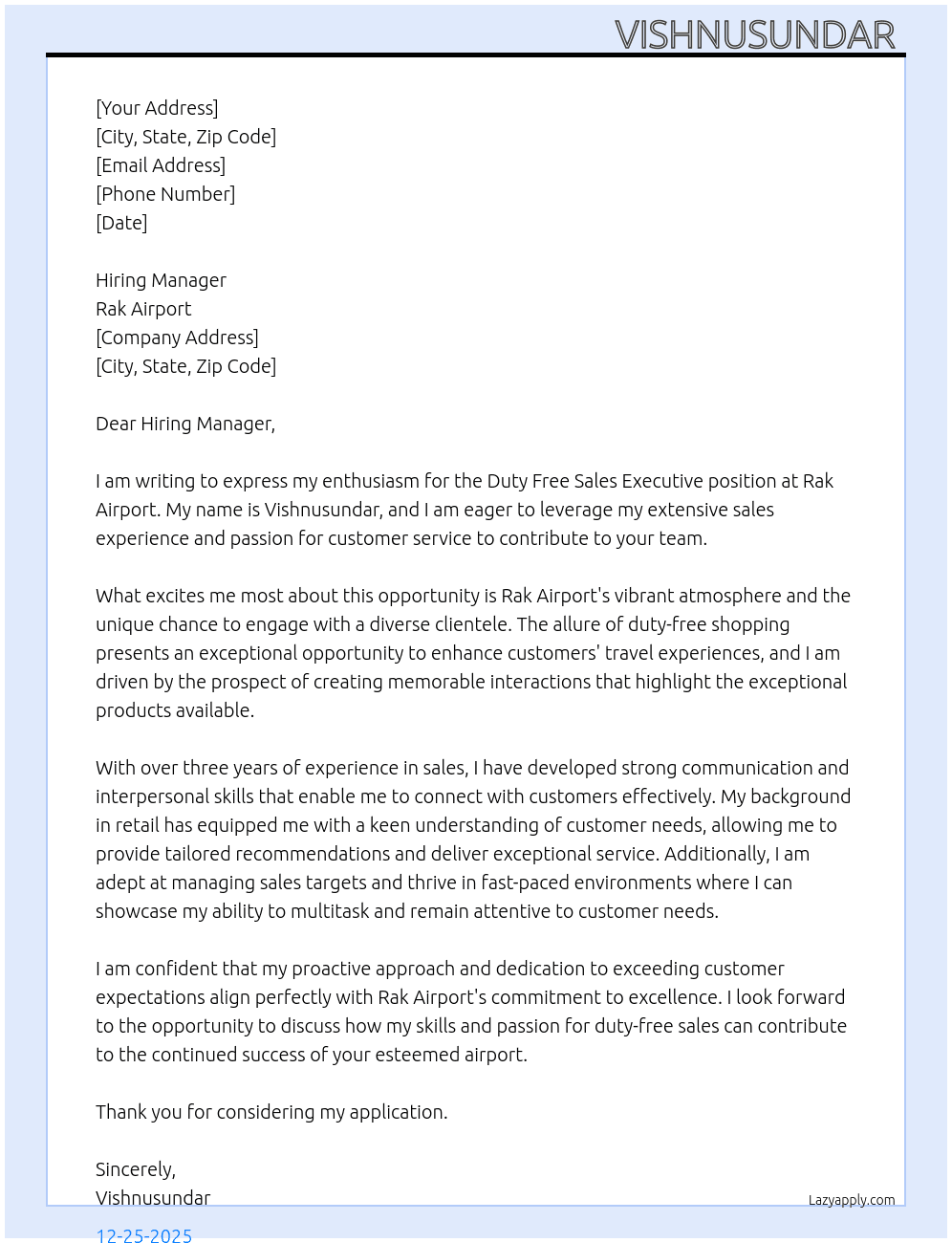 Duty free sales At Rak airport Cover Letter