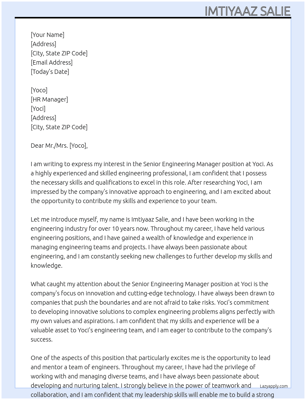 Senior Engineering Manager At Yoci Cover Letter