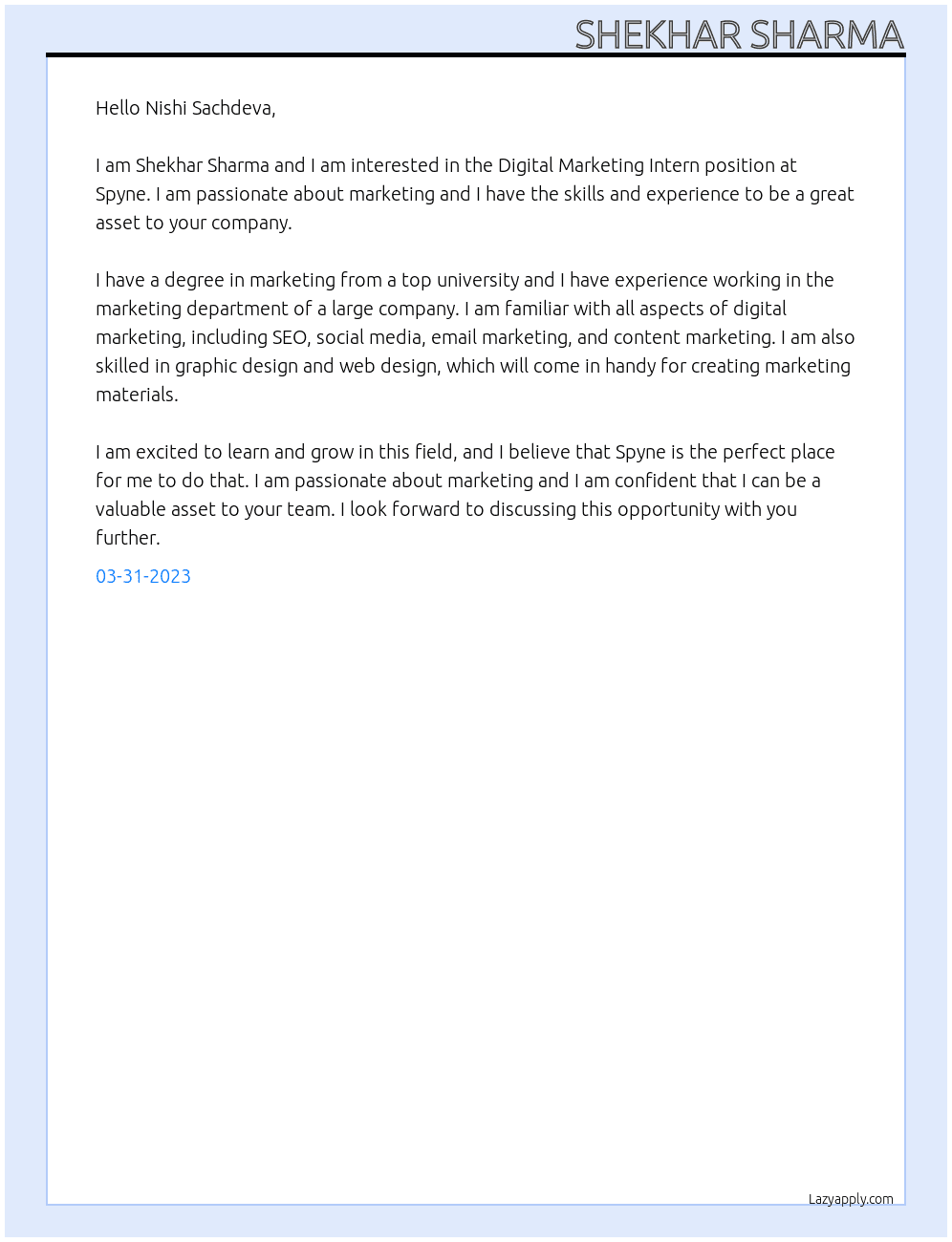 Digital Marketing Intern At Spyne Cover Letter