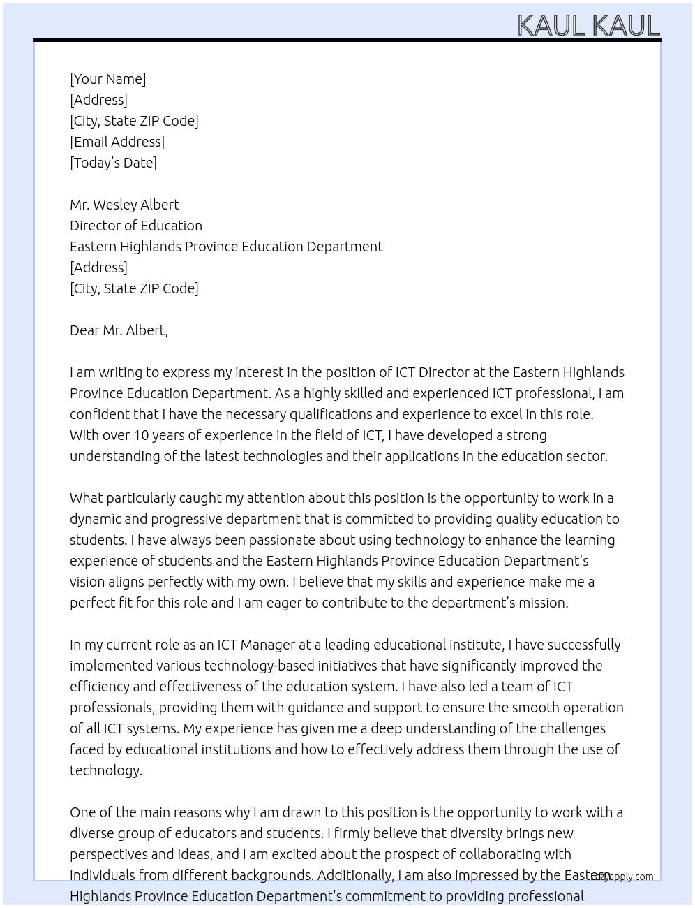 ICT  At Eastern Highlands Province Education Department  Cover Letter