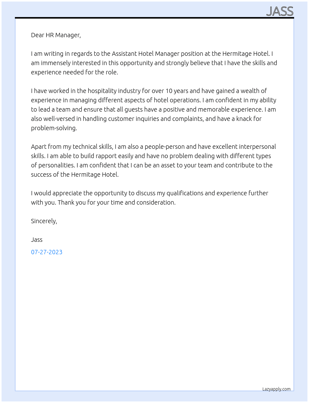 Assistant hotel manager  At Hermitage Hotel Cover Letter