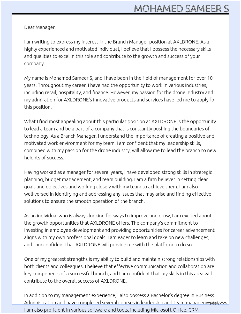 Branch Mananger At AXLDRONE Cover Letter