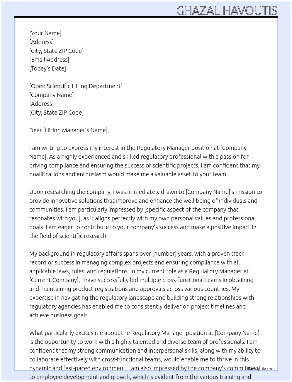 regulatory manager  At Regulatory Manager Cover Letter