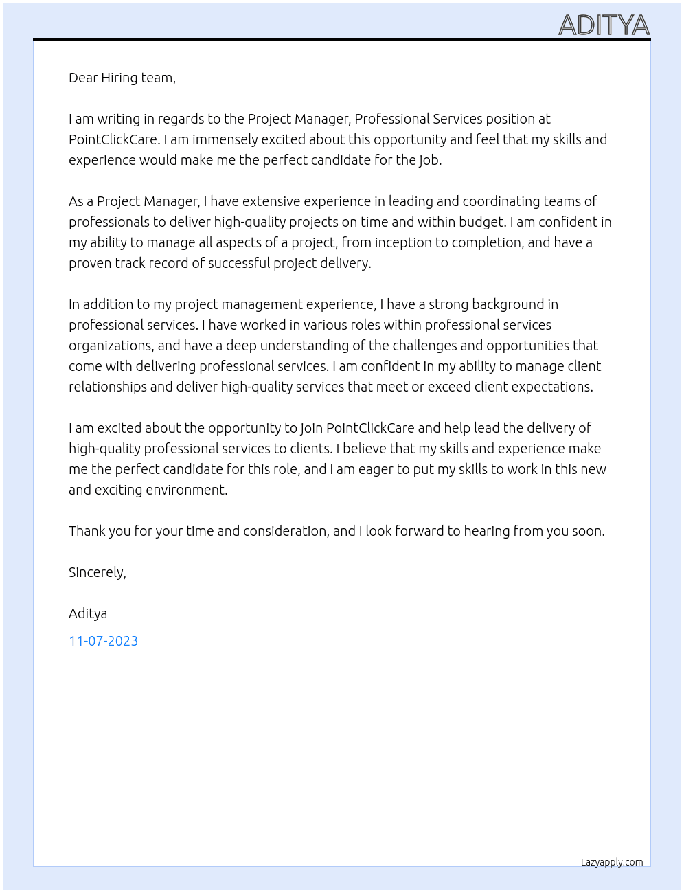 Project Manager, Professional Services At PointClickCare Cover Letter