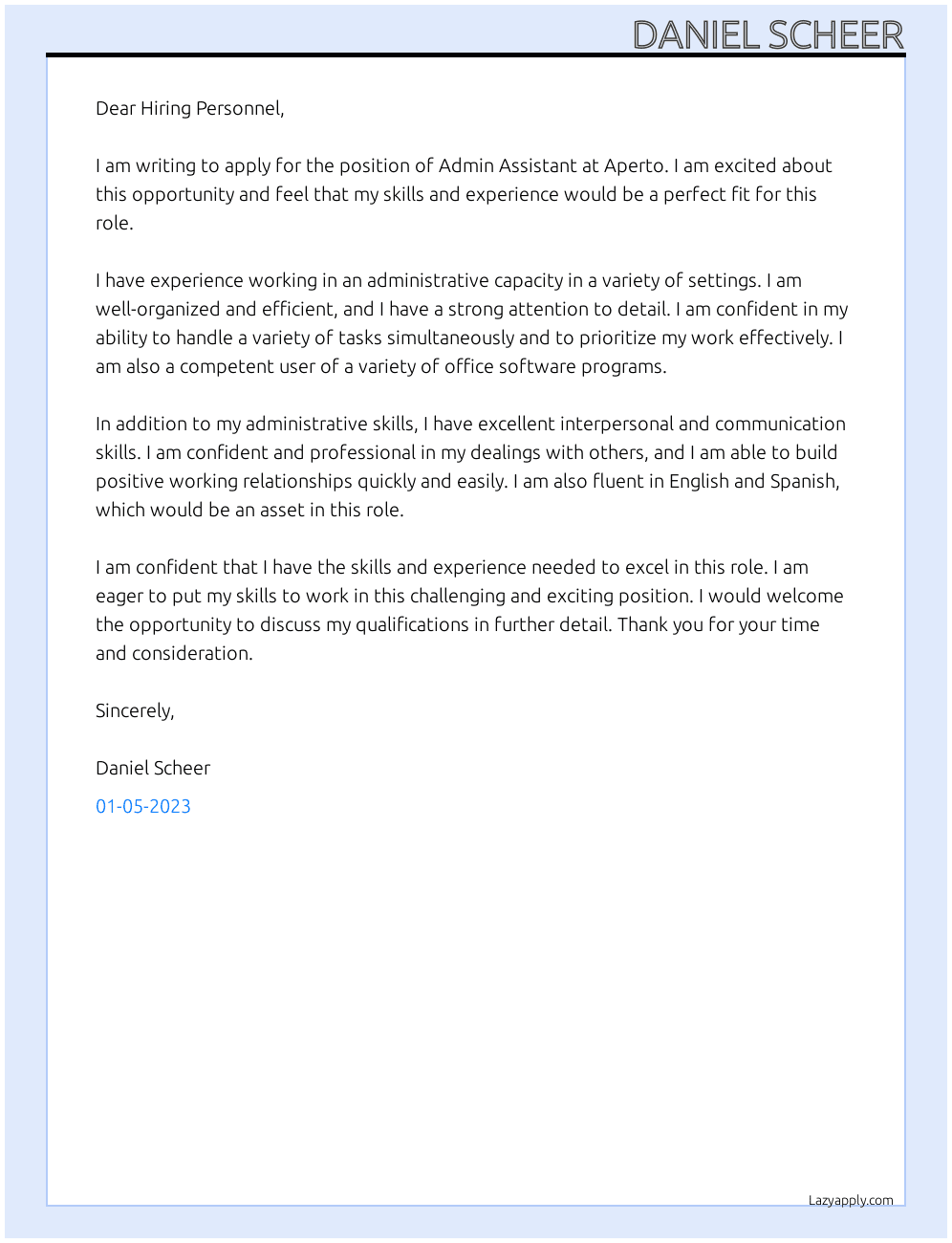 Admin Assistant At Aperto Cover Letter