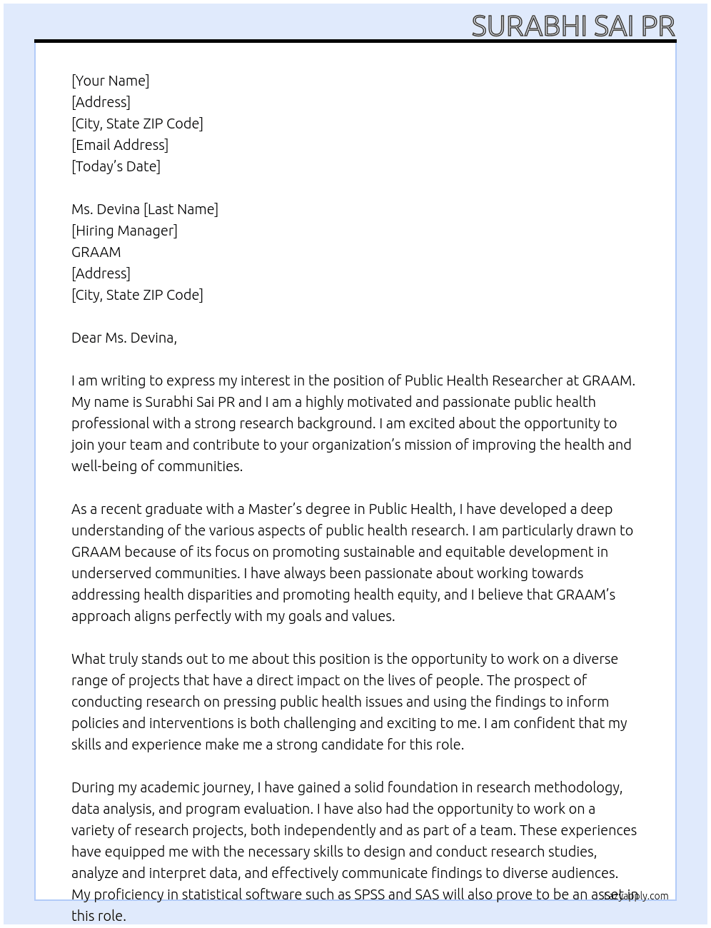 Public health researcher At GRAAM Cover Letter