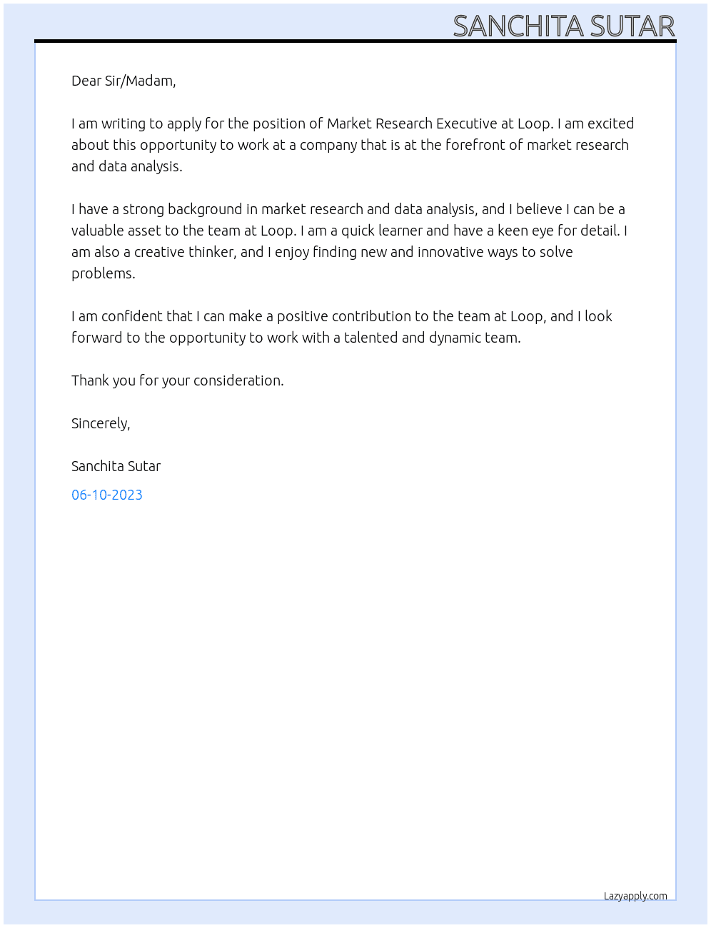 Market Research Executive  At Loop Cover Letter