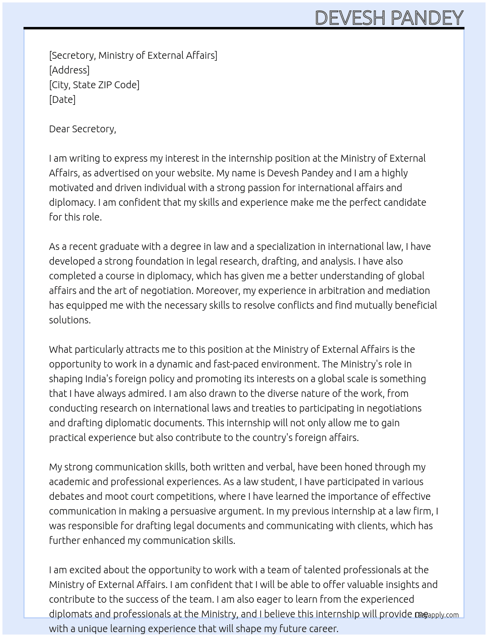 Internship At Ministry of External Affairs Cover Letter