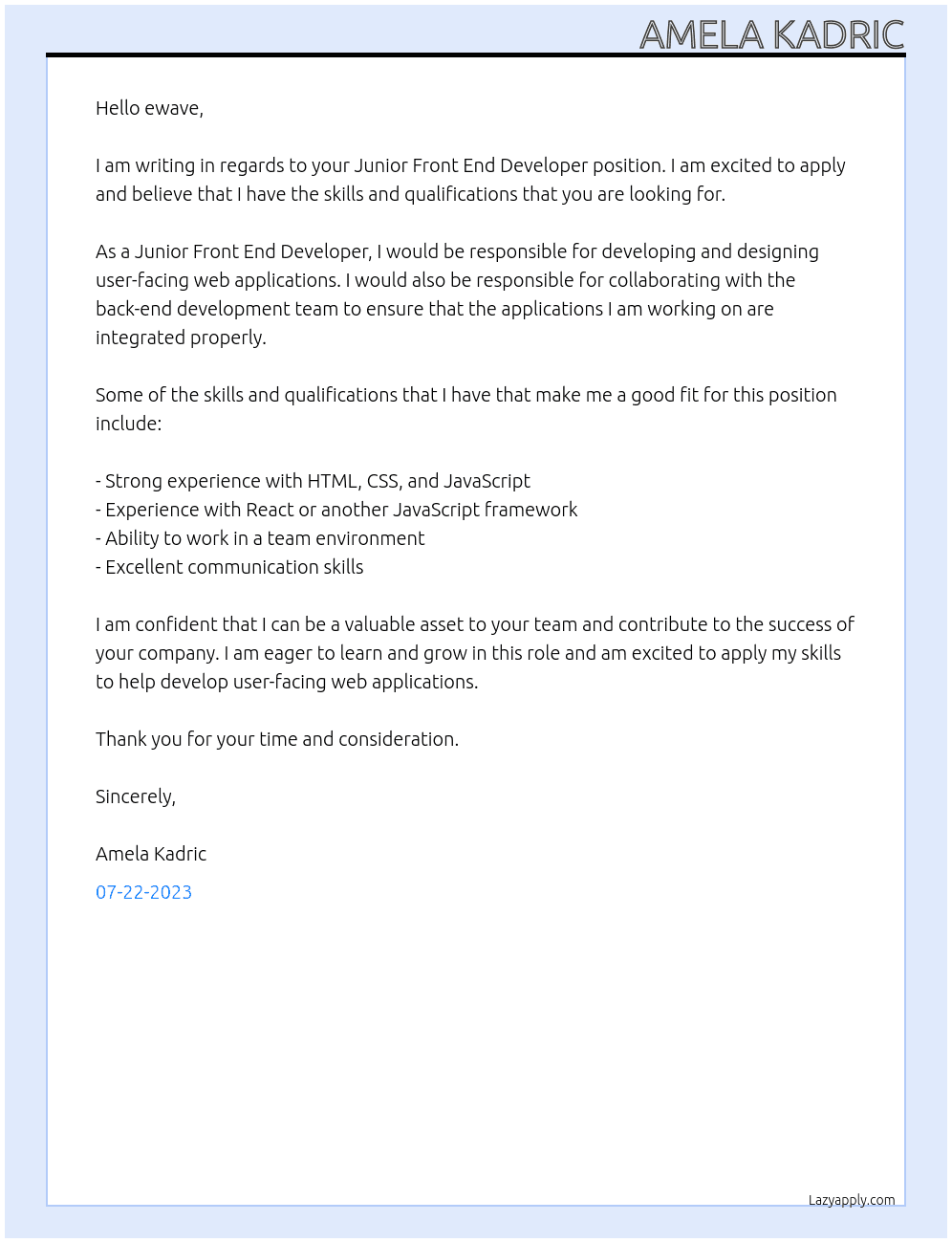 Junior Front End Developer At ewave Cover Letter